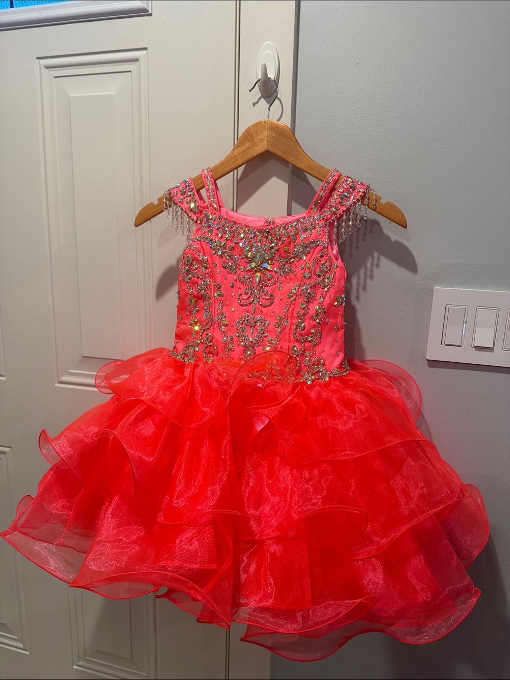 Little Rosie Pageant SR357 Flamingo Coral Organza Ruffle Glitz Girls Dress Sz 6 - Picture 4 of 5